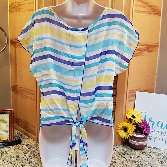 A'gaci | white, blue & teal green striped semi sheer top Large Nwt - Picture 4 of 7